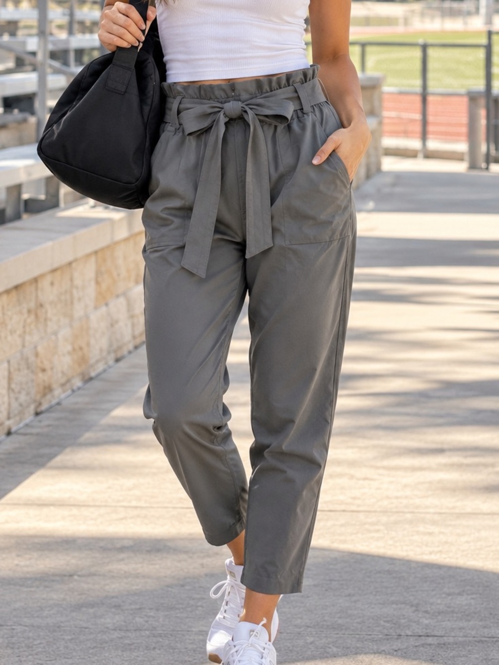 Athleta Skyline Pant Dark Charcoal Gray Paperbag Waist Belted Size 6